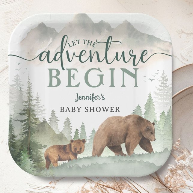 Plato De Papel Adventure Begin Baby Shower Bear Woodland Forest (Subido por el creador)