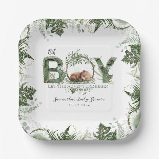 Plato De Papel Adventure Begin Woodland Bear Baby Boy Shower (Anverso)