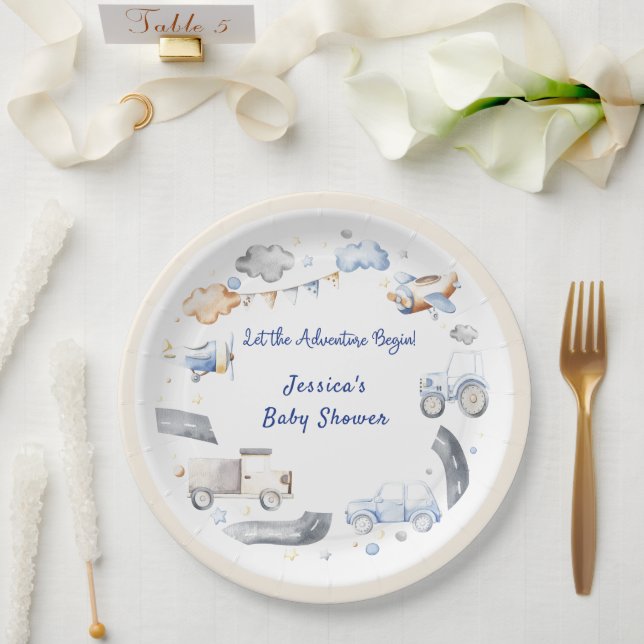 Plato De Papel Adventure Transportation Boy Baby Shower (Boda)