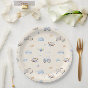 Plato De Papel Adventure Transportation Boy Baby Shower