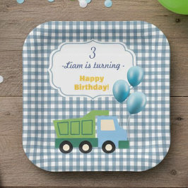 Plato De Papel Aesthetic Gingham Blue Construction 3rd Birthday 