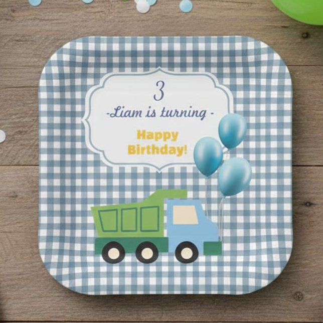 Plato De Papel Aesthetic Gingham Blue Construction 3rd Birthday  (Subido por el creador)