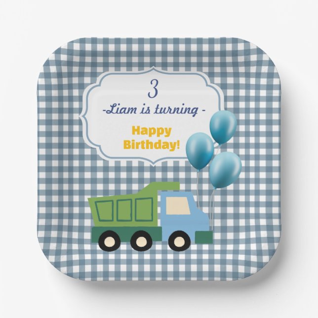 Plato De Papel Aesthetic Gingham Blue Construction 3rd Birthday  (Anverso)