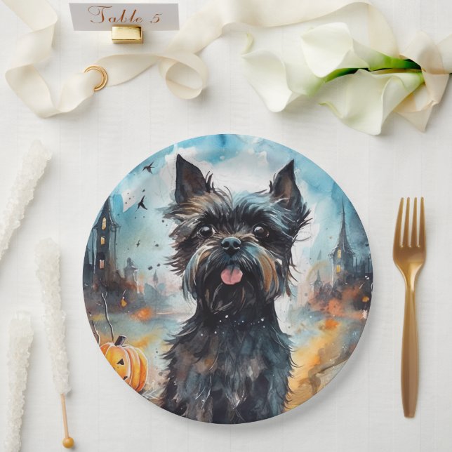 Plato De Papel Affenpinscher de Halloween con calabazas aterrador (Boda)