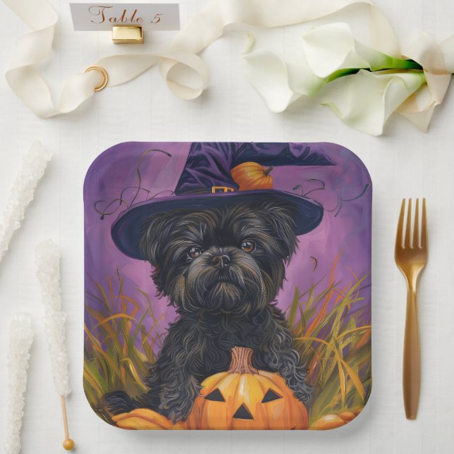 Plato De Papel Affenpinscher Falloween Bruja y calabaza (Boda)