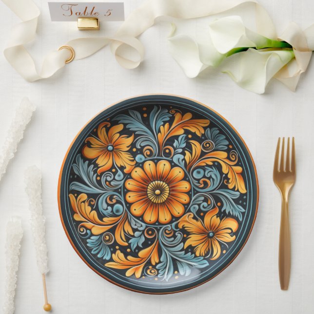 Plato De Papel Afiche de arte folclórico inspirado en amarillo, r (Boda)