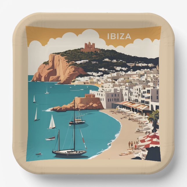 Plato De Papel Afiche de viajes de Ibiza, España (Anverso)