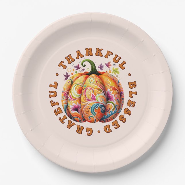Plato De Papel Afortunada, bendecida calabaza floral (Anverso)