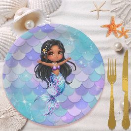 Plato De Papel Afro mermaid Birthday Party - Under the Sea Splish