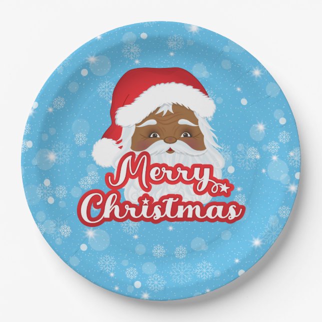 Plato De Papel Afro Santa Claus Merry Christmas Paper Plate (Anverso)