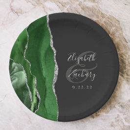 Plato De Papel Agate Geode Hunter Green Silver Dark Boda