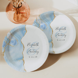 Plato De Papel Agate Geode Script Baby Blue Gold Boda