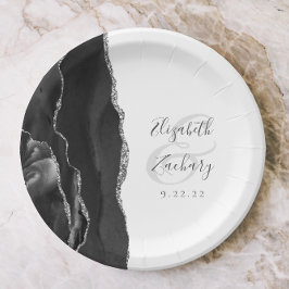 Plato De Papel Agate Geode Script Black Silver Boda