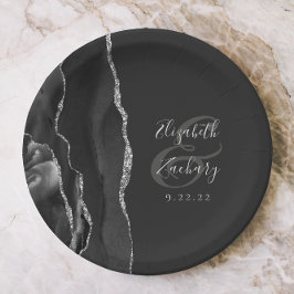 Plato De Papel Agate Geode Script Black Silver Dark Boda