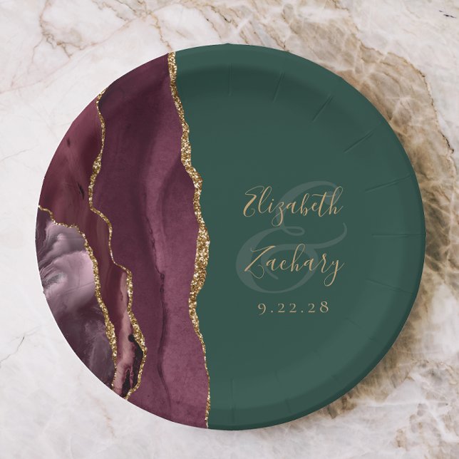 Plato De Papel Agate Geode Script Burgundy Gold Green (Subido por el creador)