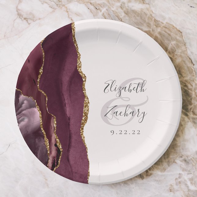 Plato De Papel Agate Geode Script Burgundy Gold Rubor (Subido por el creador)