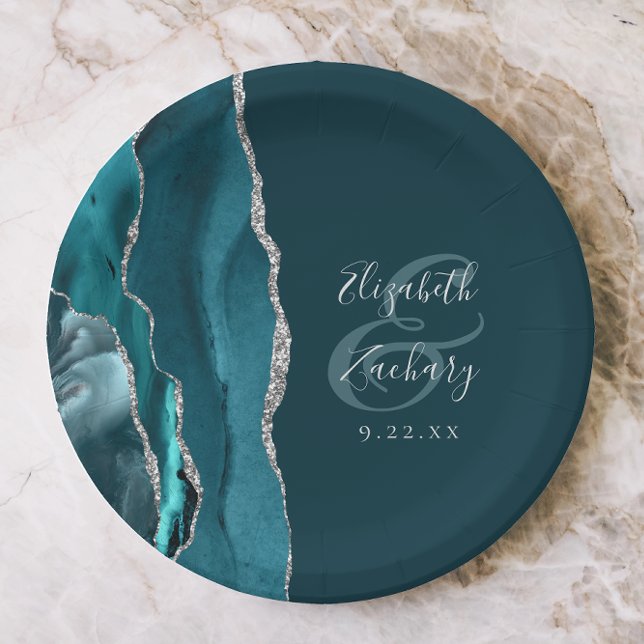 Plato De Papel Agate Geode Script Dark Teal Silver Wedding (Subido por el creador)