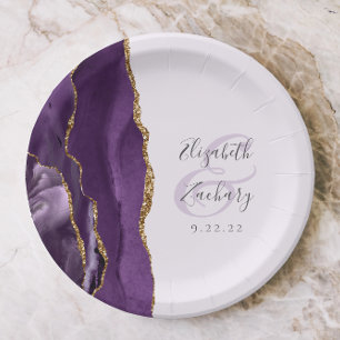 Plato De Papel Agate Geode Script Pale Purple Gold Boda