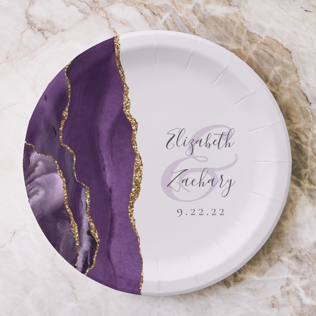Plato De Papel Agate Geode Script Pale Purple Gold Boda (Subido por el creador)