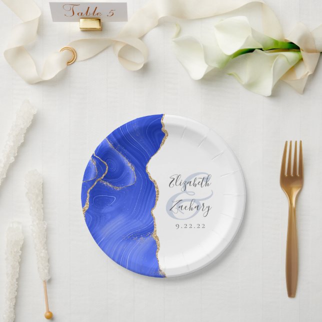 Plato De Papel Agate Geode Script Royal Blue Gold Boda (Boda)