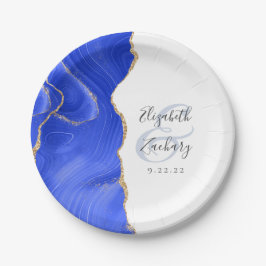 Plato De Papel Agate Geode Script Royal Blue Gold Boda