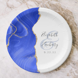 Plato De Papel Agate Geode Script Royal Blue Gold Boda