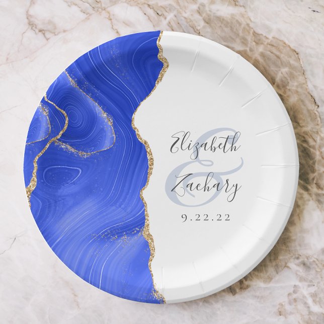 Plato De Papel Agate Geode Script Royal Blue Gold Boda (Subido por el creador)