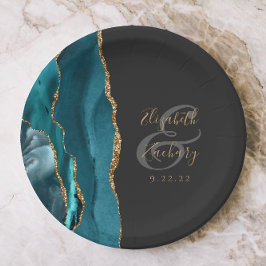 Plato De Papel Agate Geode Script Verde azulado Gold Dark Boda