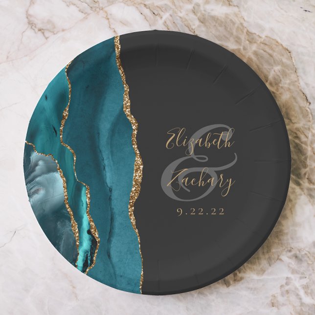 Plato De Papel Agate Geode Script Verde azulado Gold Dark Boda (Subido por el creador)