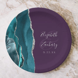 Plato De Papel Agate Geode Silver Script Purple Wedding