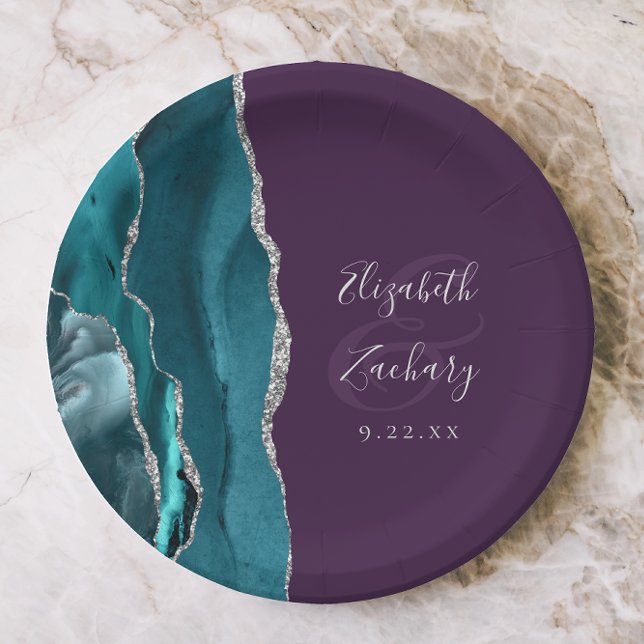Plato De Papel Agate Geode Silver Script Purple Wedding (Subido por el creador)