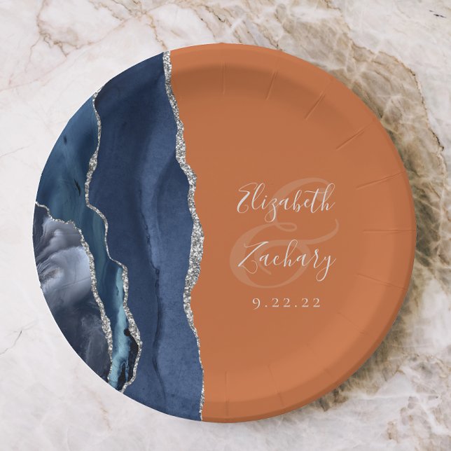 Plato De Papel Agate Navy Boda Naranja de plata azul quemada (Subido por el creador)