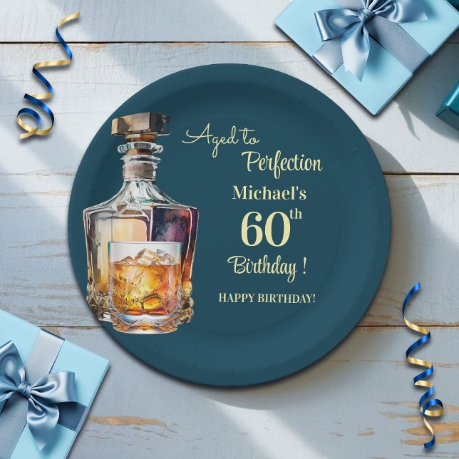 Plato De Papel Aged to Perfection Men 60th Whiskey Birthday (Subido por el creador)