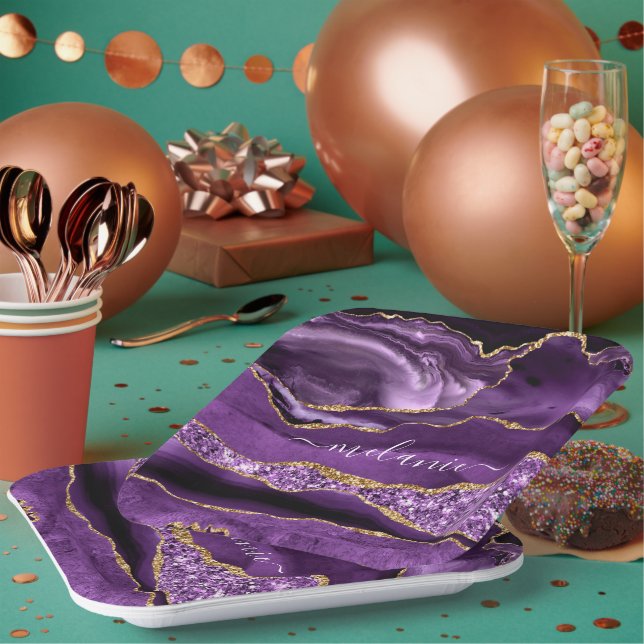 Plato De Papel Agple Violet Gold Purpurina Geode Su Nombre (Multi)