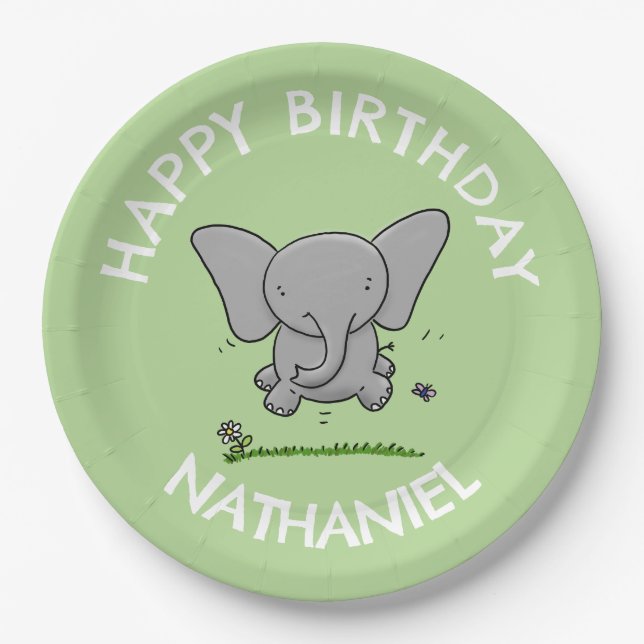 Plato De Papel Agradable bebé elefante personalizado cumpleaños (Anverso)