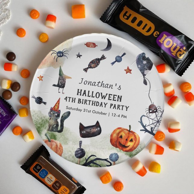 Plato De Papel Agradable Watercolor Kids Cumpleaños Halloween (Subido por el creador)