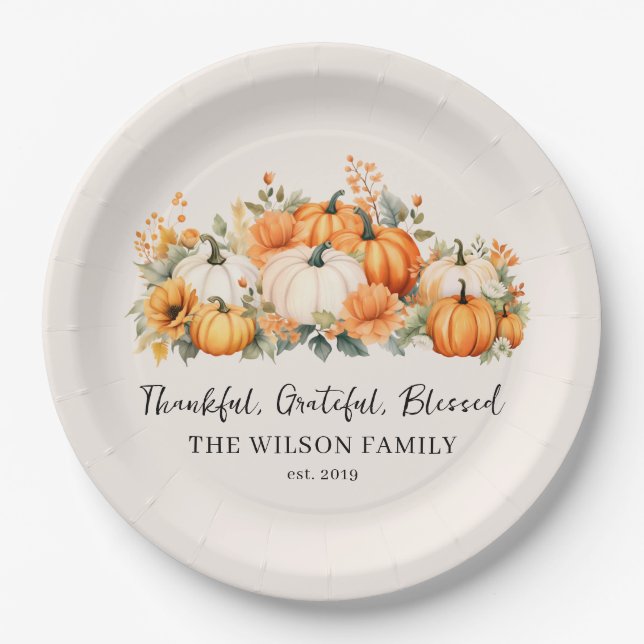 Plato De Papel Agradecido Agradecimiento al Bienvenida Calabaza d (Anverso)