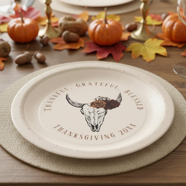 Plato De Papel Agradecimiento agradecido Día de Acción de Gracias (Elegant Country Gothic Fall Floral Cow Skull Thanksgiving Paper Plates. Thankful Grateful Blessed)