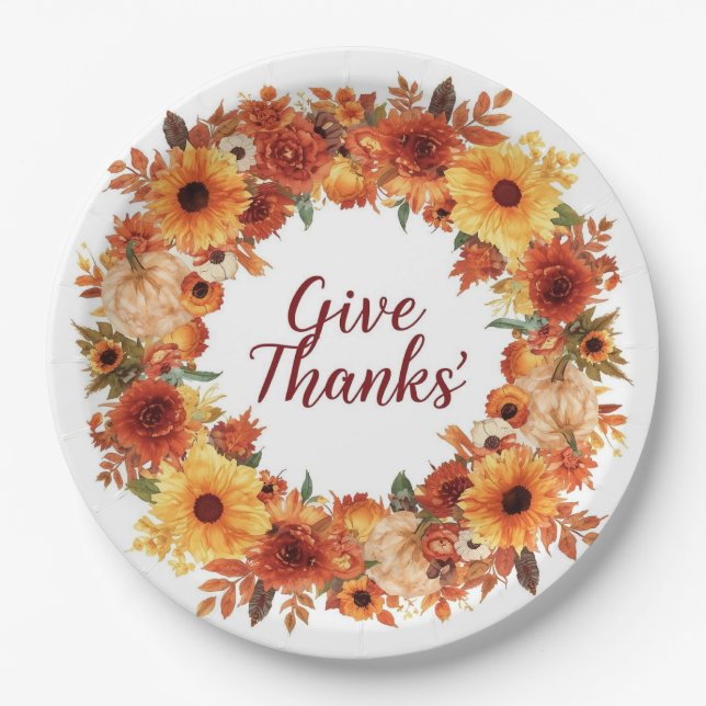 Plato De Papel Agradecimiento con motivos otoñales con calabazas  (Anverso)