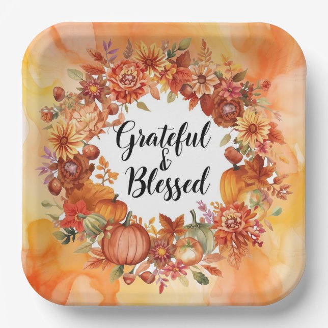 Plato De Papel Agradecimiento con motivos otoñales con calabazas  (Anverso)