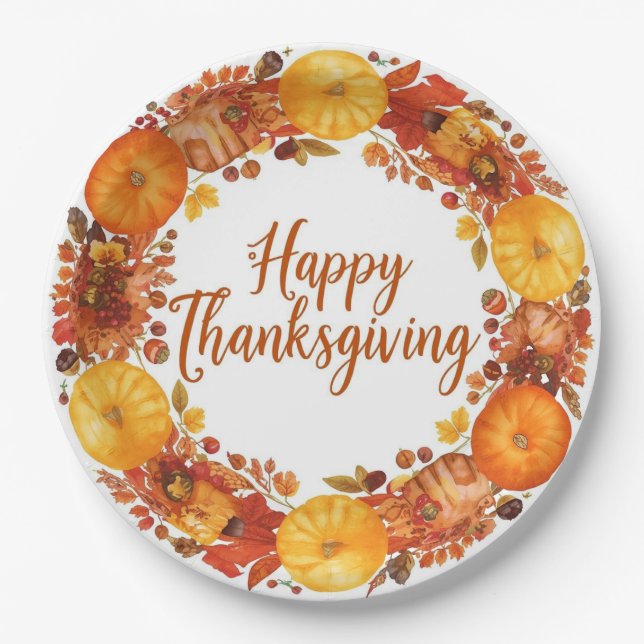 Plato De Papel Agradecimiento con motivos otoñales con calabazas  (Anverso)