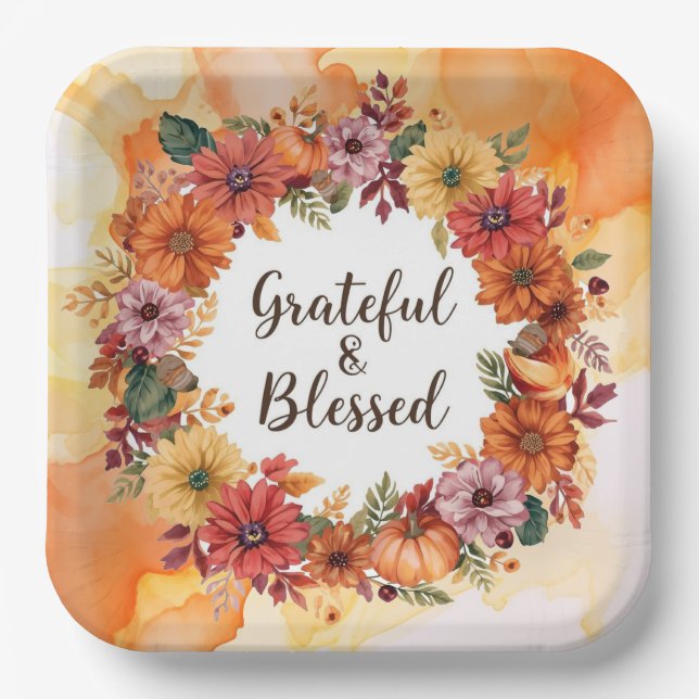 Plato De Papel Agradecimiento con motivos otoñales con calabazas  (Anverso)