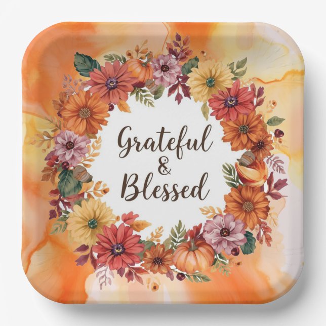 Plato De Papel Agradecimiento con motivos otoñales con calabazas  (Anverso)