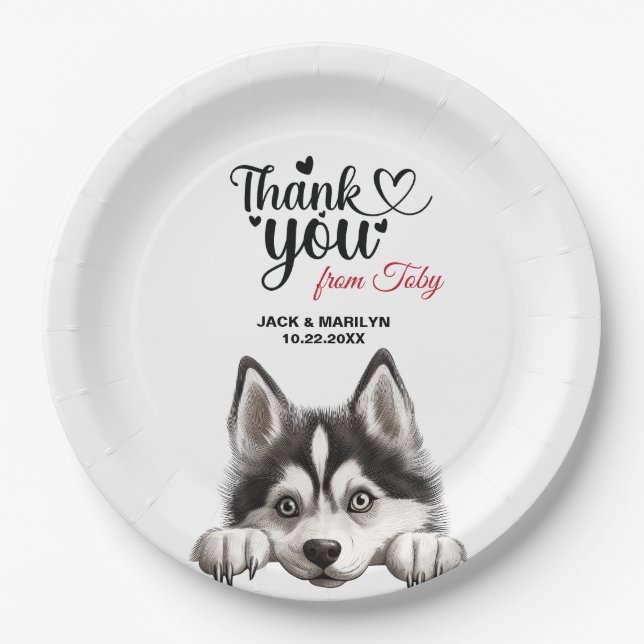 Plato De Papel Agradecimiento de boda de perro Husky Siberiano (Anverso)