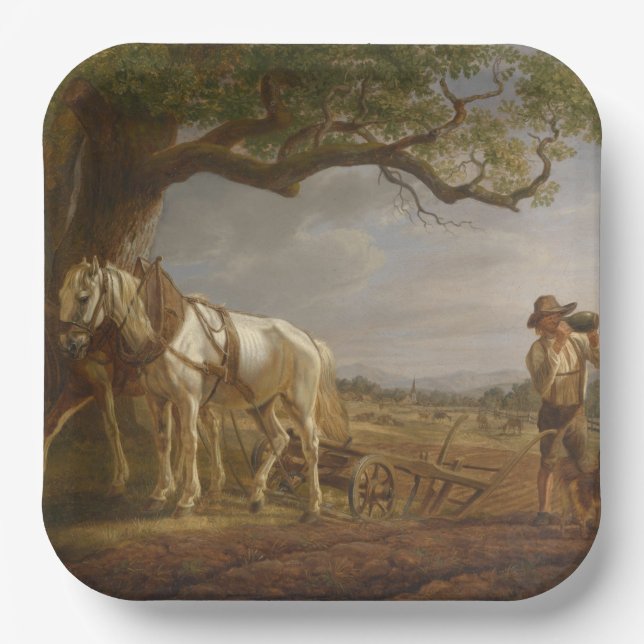 Plato De Papel Agricultores descansando en un campo con caballos  (Anverso)