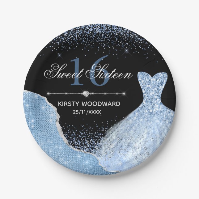 Plato De Papel Agua azul claro Vestido dulce 16 cumpleaños (Anverso)