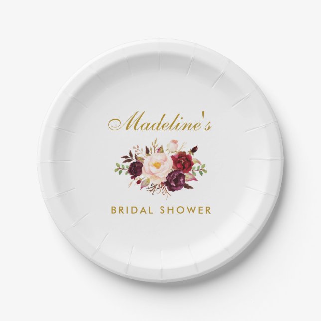 Plato De Papel Agua Burgundy Floral Gold Bridal Ducha (Anverso)