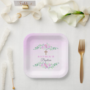 Plato De Papel Agua de Rosas Rosa Acuarela Ombre Cruz Bautizo Per