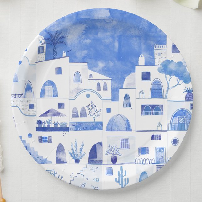 Plato De Papel Agua de Santorini Grecia (Blue and white watercolor painting of Santorini on paper plates)