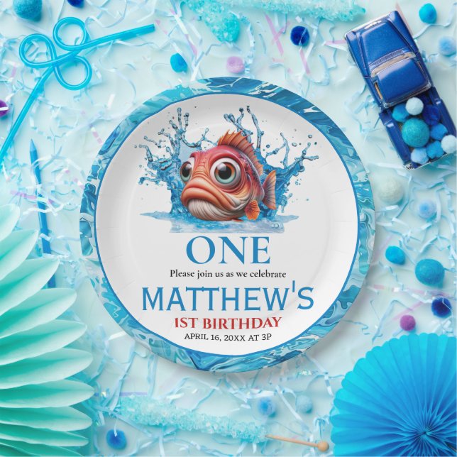 Plato De Papel Agua dulce Azul Pescado 1er cumpleaños (Fiesta)